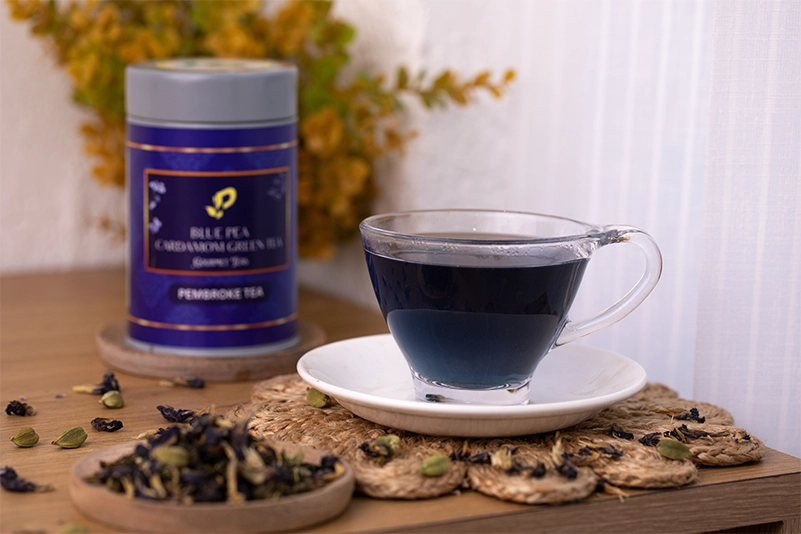 Refreshing blue pea cardamom herbal tea blend sourced from Ooty, crafted for wellness and clarity.