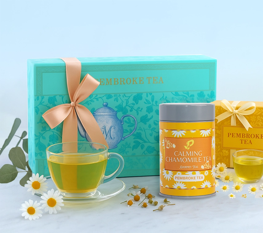 Thoughtful chamomile tea gift hamper in elegant box with handcrafted blends for all the occasions.