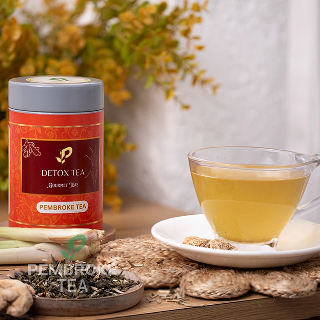 Refreshing herbal detox tea leaves in a cup from trusted wellness tea manufacturer and exporter .