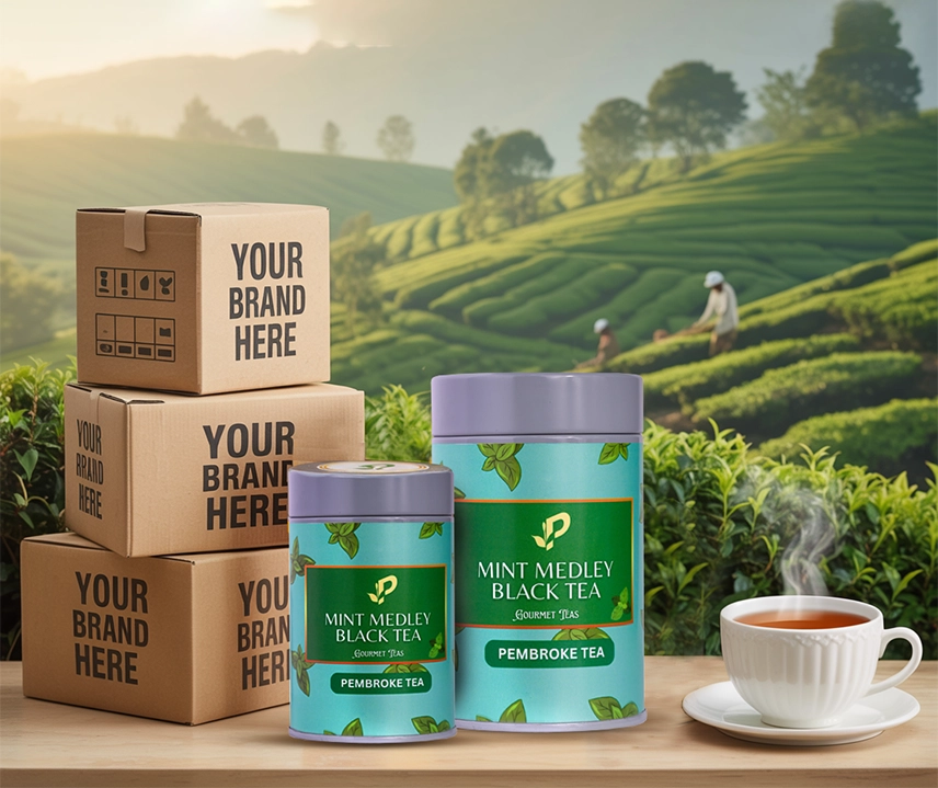 Private label packaging of mint black tea by Indian exporters for global retail and wellness brands