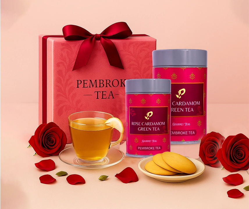 Handcrafted rose cardamom green tea gift box from India ideal for gifting and wellness occasions.