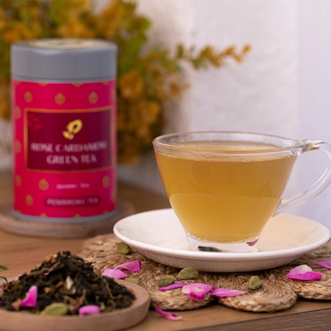 Fragrant rose cardamom green tea crafted by expert Indian tea suppliers with delicate floral notes