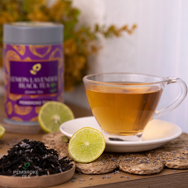 Stress-relief lemon lavender tea manufactured in India with black tea base for global wellness brands